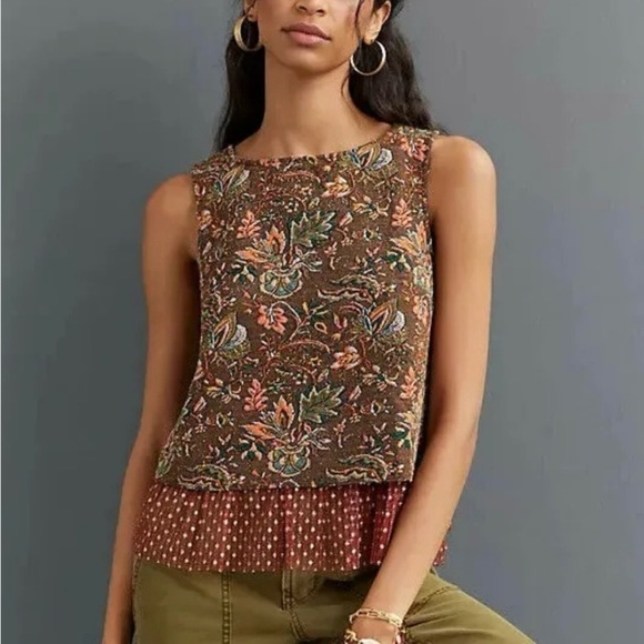 Anthropologie Eva Franco S Brown Jacquard Tulle Boho Feminine Sleeveless Top - Picture 1 of 16